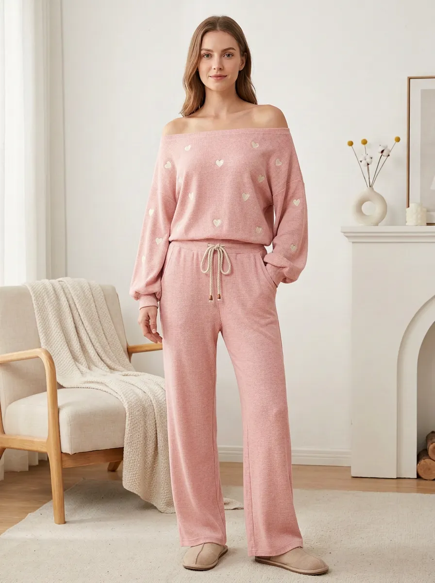 Women's Romantic Heart Pattern Printed Waffle Knit Loungewear Set