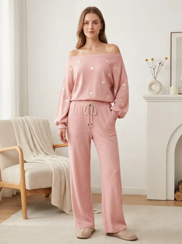 Women's Romantic Heart Pattern Printed Waffle Knit Loungewear Set