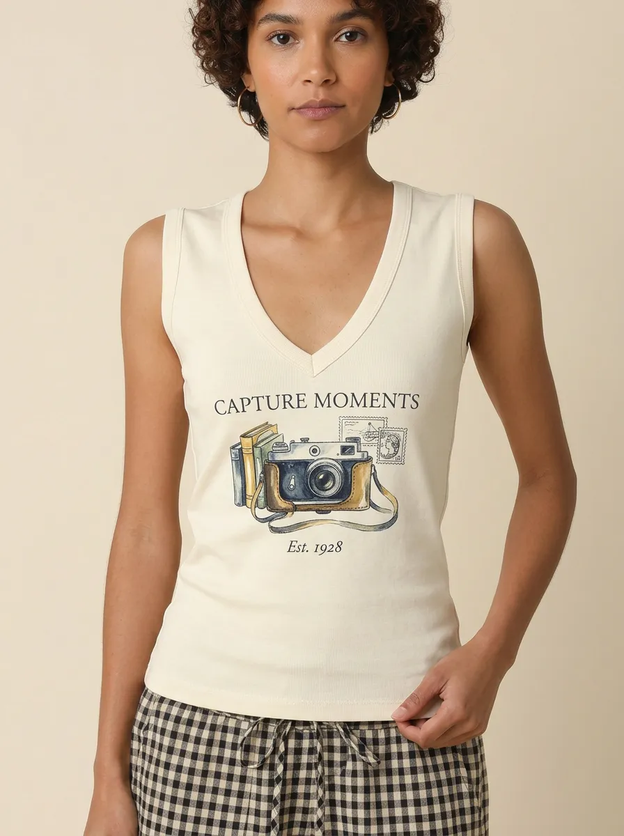 Women's Photography Vintage Camera Graphic V-neck Tank Top