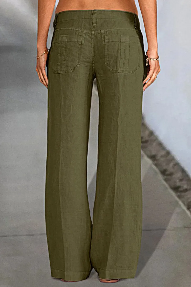 Solid Slant Pocket Low Waist Flare Pants Without Belt