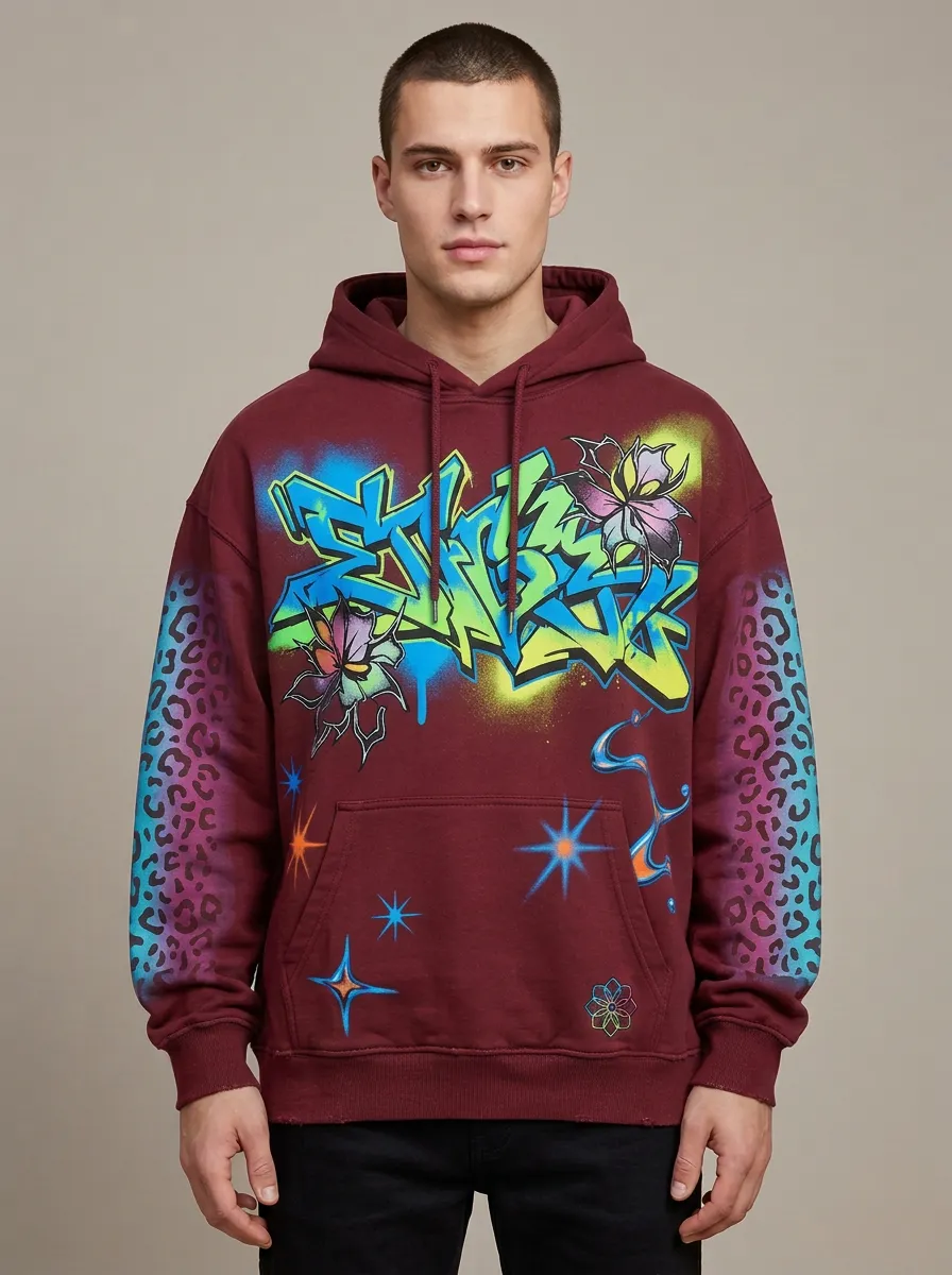 Unisex Graffiti Leopard Neon Floral Graphic Hoodie