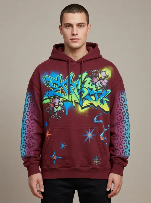 Unisex Graffiti Leopard Neon Floral Graphic Hoodie
