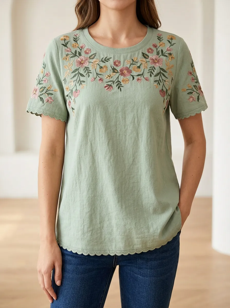 Women's Short Sleeve Tee with Crew Neck Floral Print Detail