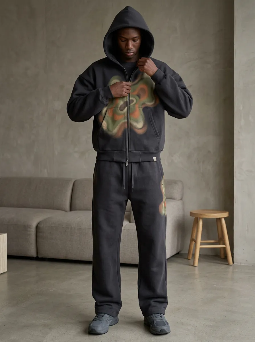 Men's Streetwear Abstract Swirl Printed Zip-up Hoodie Sweatpants Set