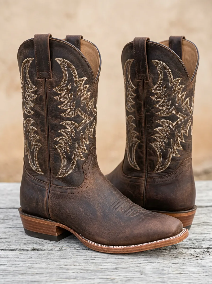 Men's Western Cowboy Embroidered Brown Leather Boots