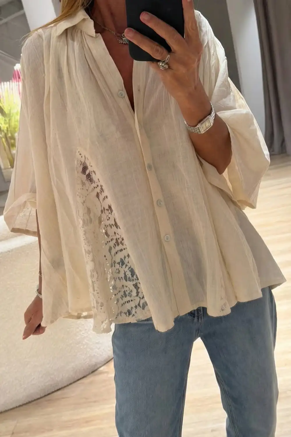 Women's Patchwork Lace Sheer Blouse