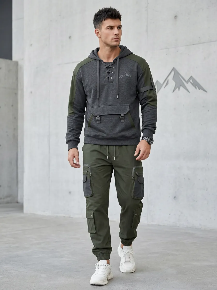 Trail-Inspired Lace-Up Mountain Graphic Active Look Men's Lace Up Hoodie And Cargo Jogger Set