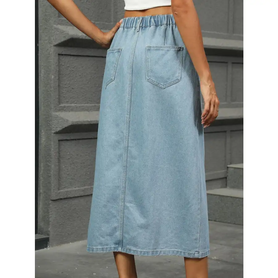 Slit Button Detail Denim Midi Skirt