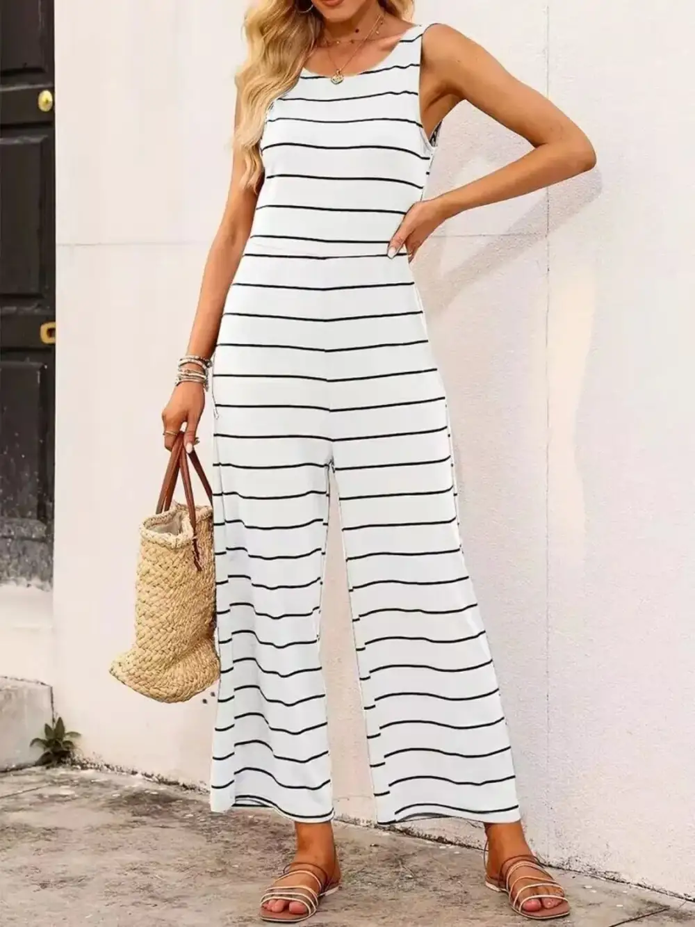 Striped Round Neck Wide Leg Jumpsuit