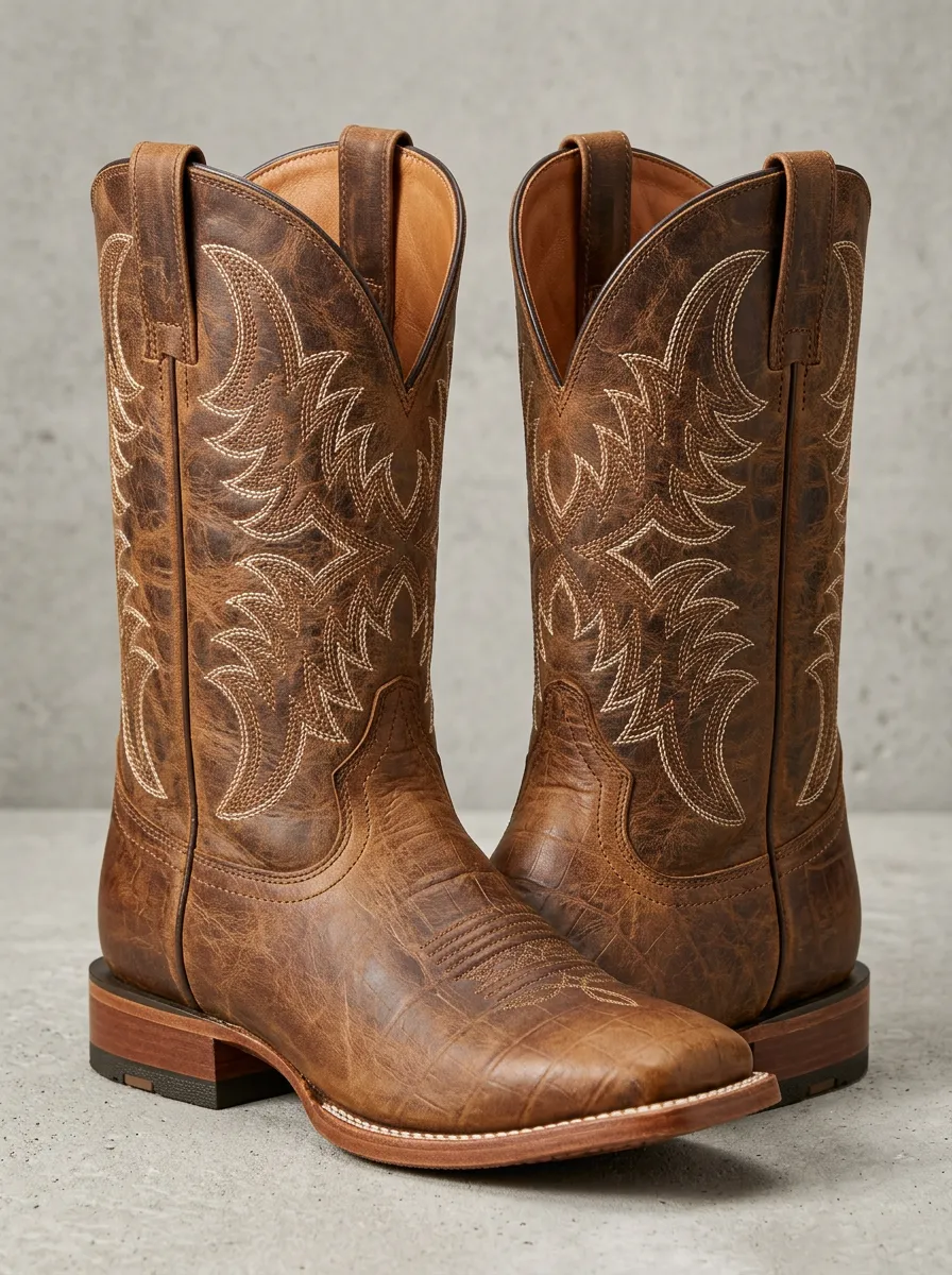 Rustic Embroidered Distressed Leather-Look Country Style Men's Western Cowboy Boots