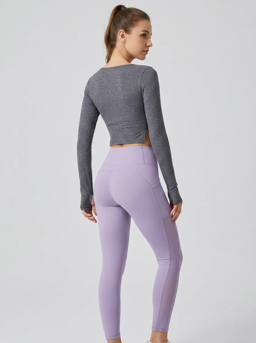 Women's Yoga Fitness Grey Long Sleeve Purple Leggings Printed Crop Set