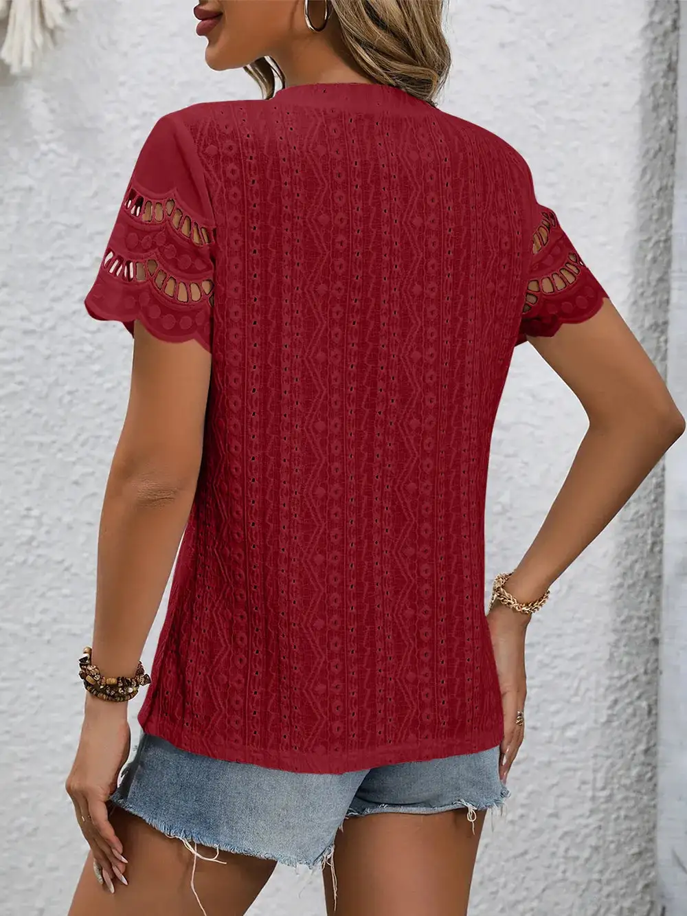 Eyelet Round Neck Short Sleeve Top