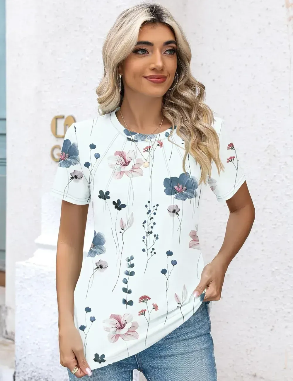 Kistore Womens Casual Crew Neck Short Sleeve Pleated Tops Blouses Fashion Clothes 2024