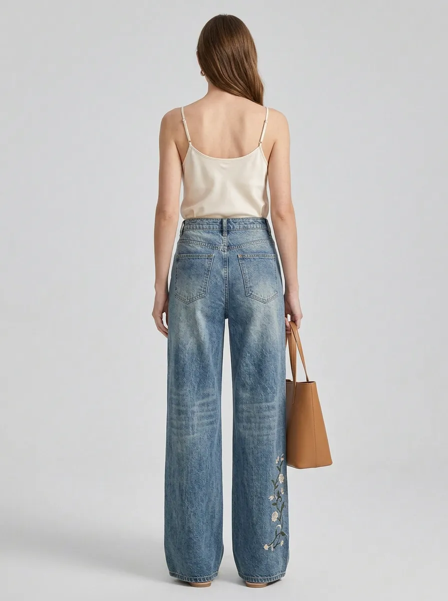 Women's Floral Embroidery Floral Vintage Wash Vintage Wide Leg Jeans
