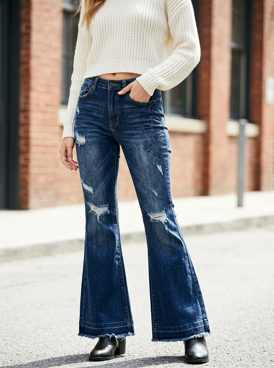Women's Floral Embroidery Distressed Denim Printed Flare Jeans