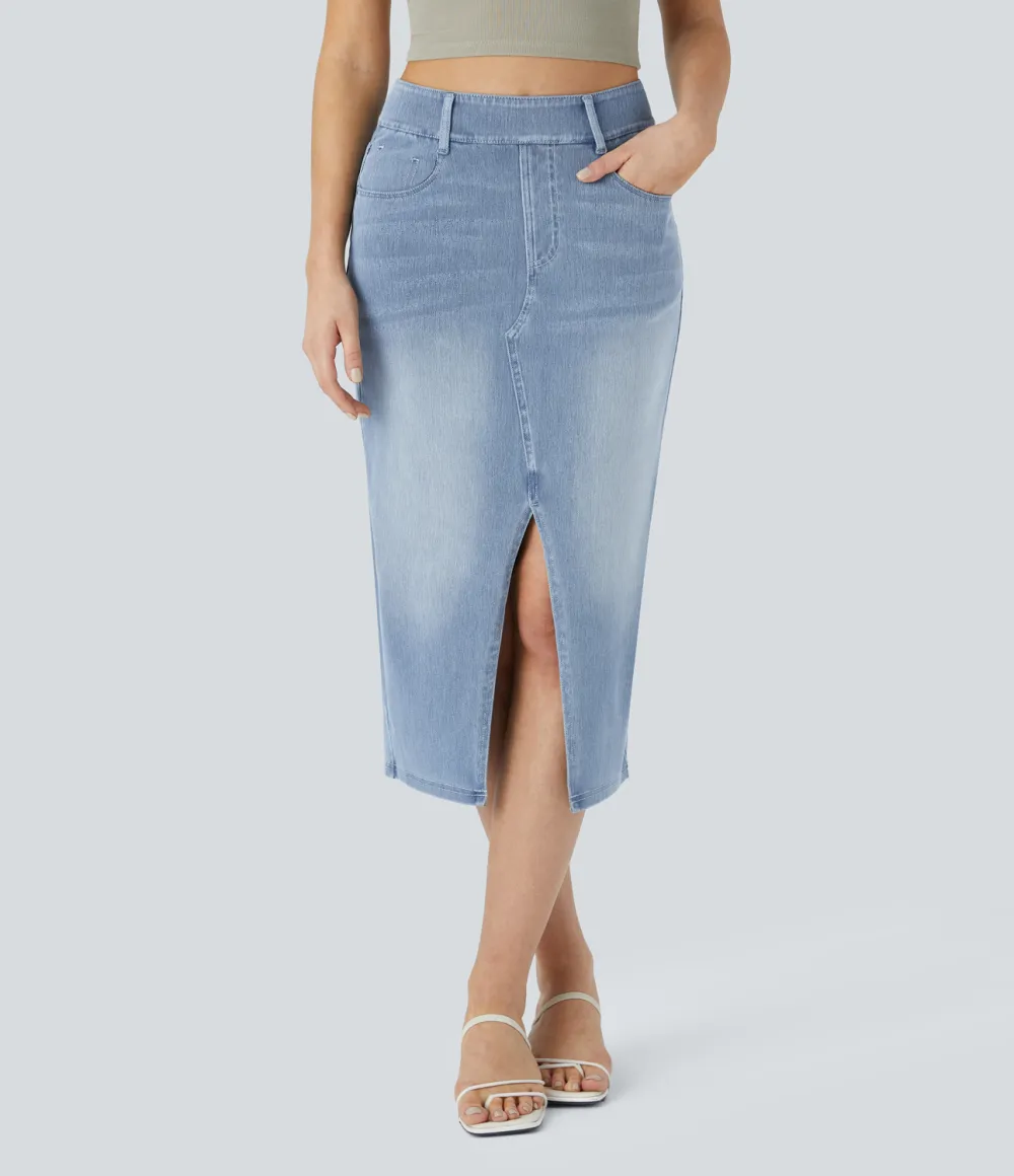 Magic High Waisted Multiple Pockets Bodycon Split Washed Stretchy Knit Denim Casual Midi Skirt