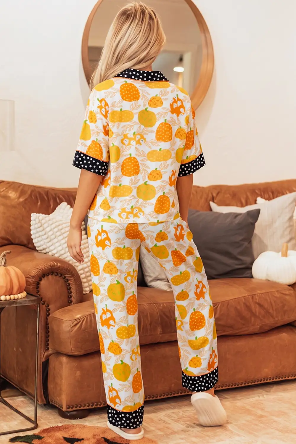 Women's Short Sleeve Pumpkin Print Polka Dot Trim Pocket Pocket Placket Home Wear Lounge Set