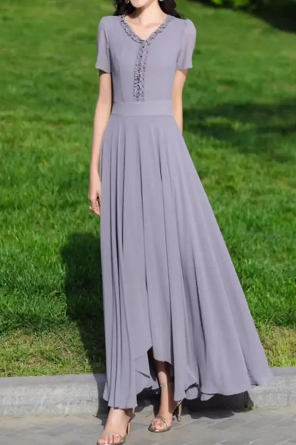 Chiffon Ruffle V Neck Short Sleeve Maxi Dress