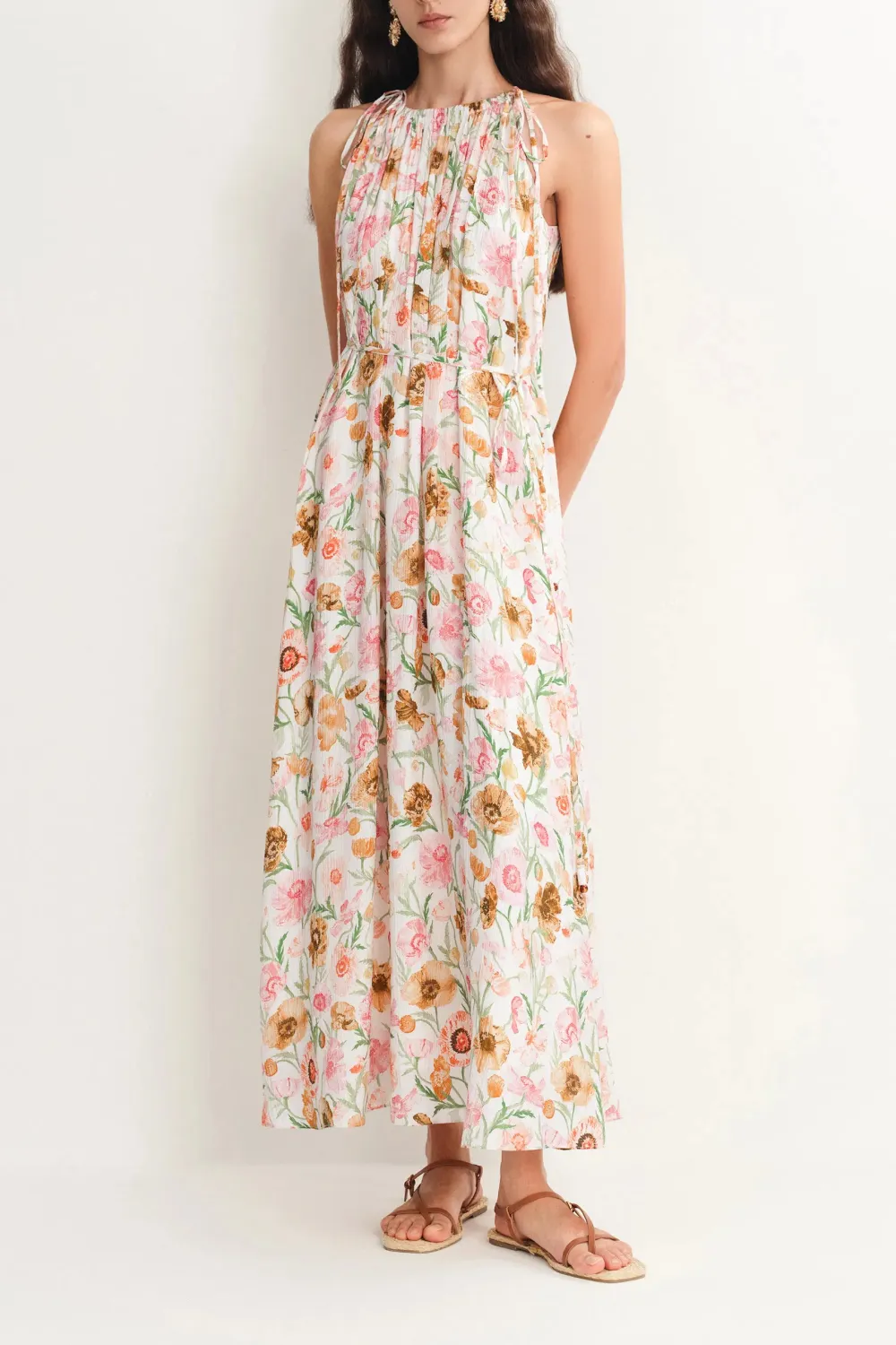 Halter Neck Pleated Floral Silk Blend Maxi Dress