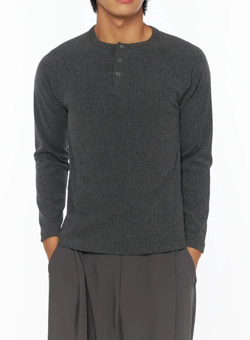 Men's Slim Ribbed Henley Long Sleeve Tee