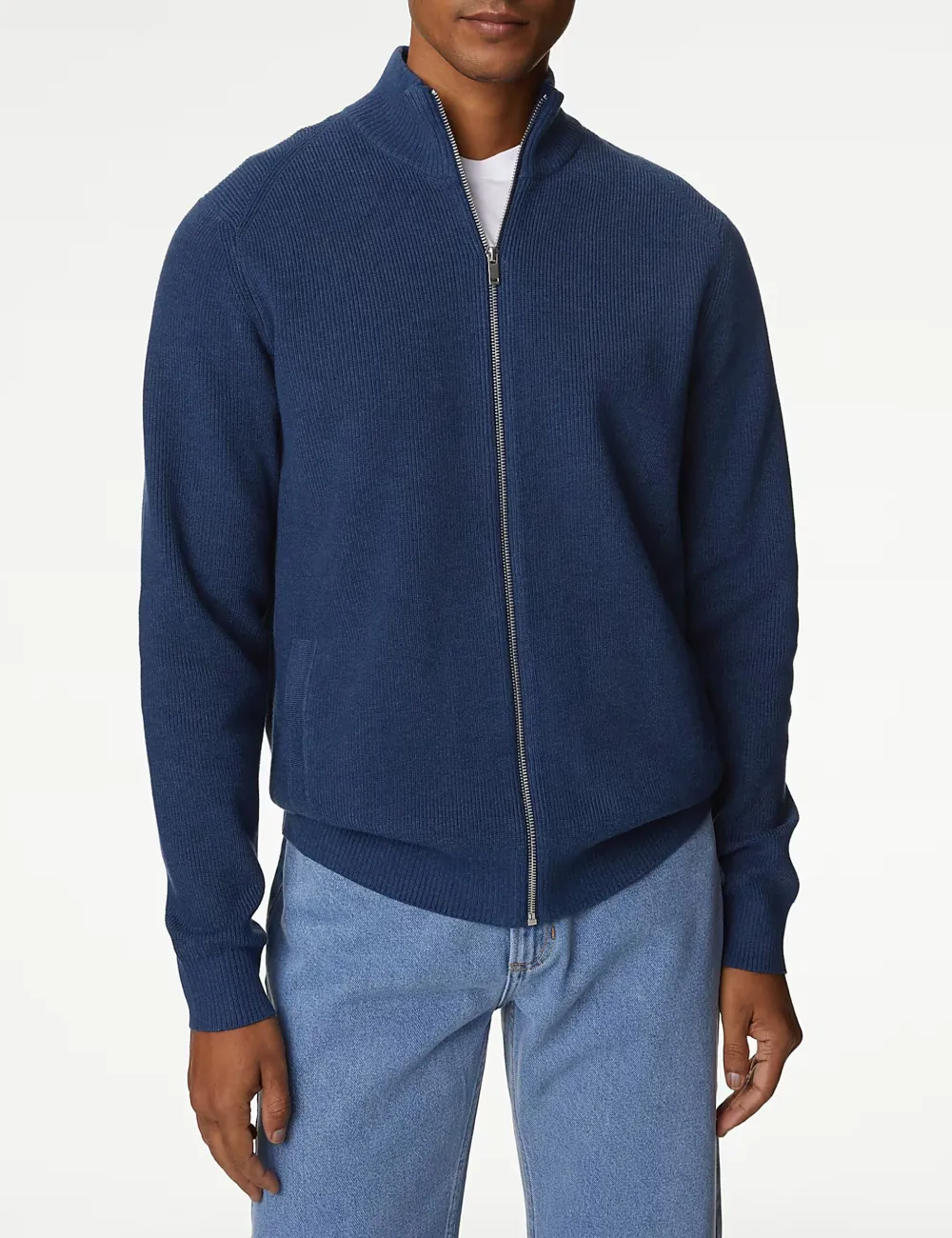 Men's Blue Cotton Blend Funnel Jumper