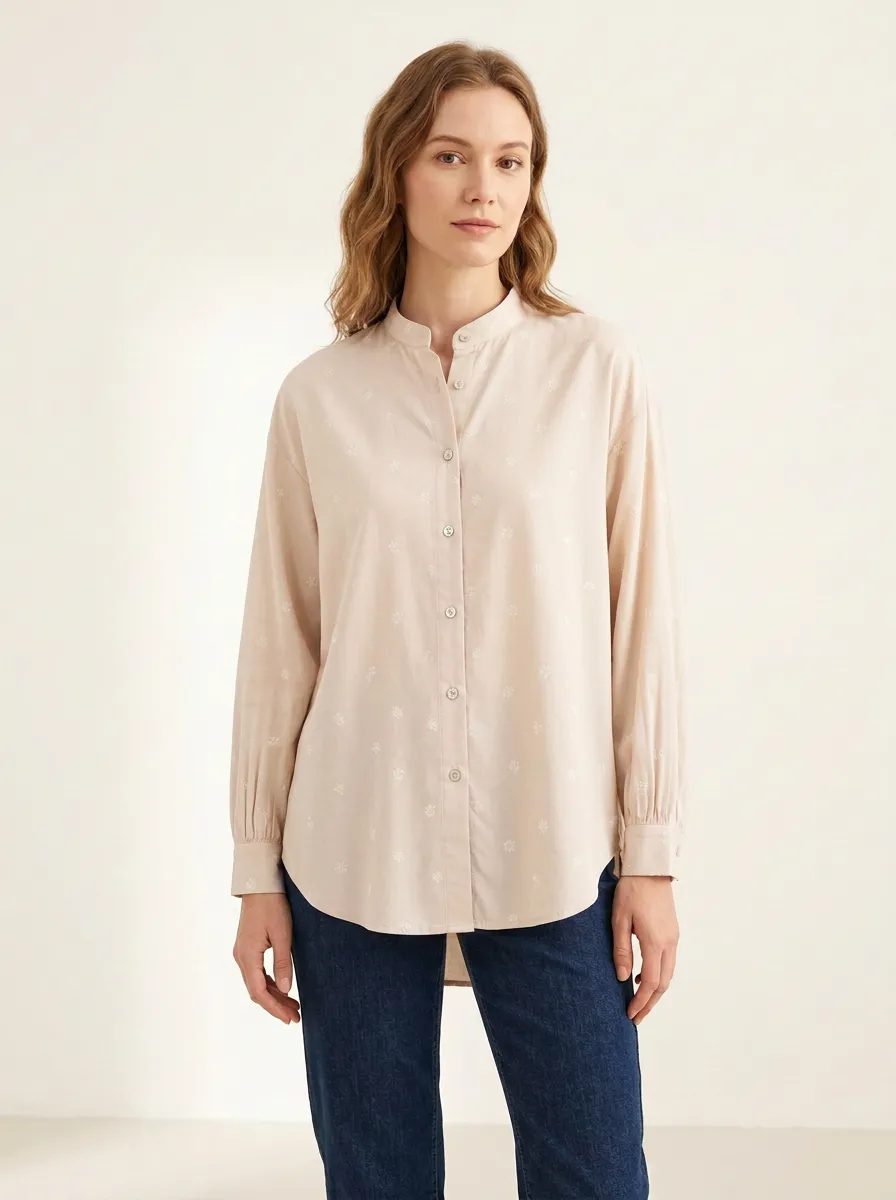 Women's Small-Floral Gathered-Cuff Mandarin Shirt