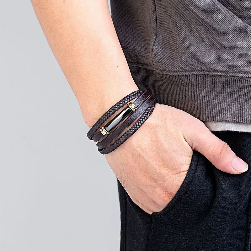 Multi Layered Simple Design Leather Titanium Steel Bracelet