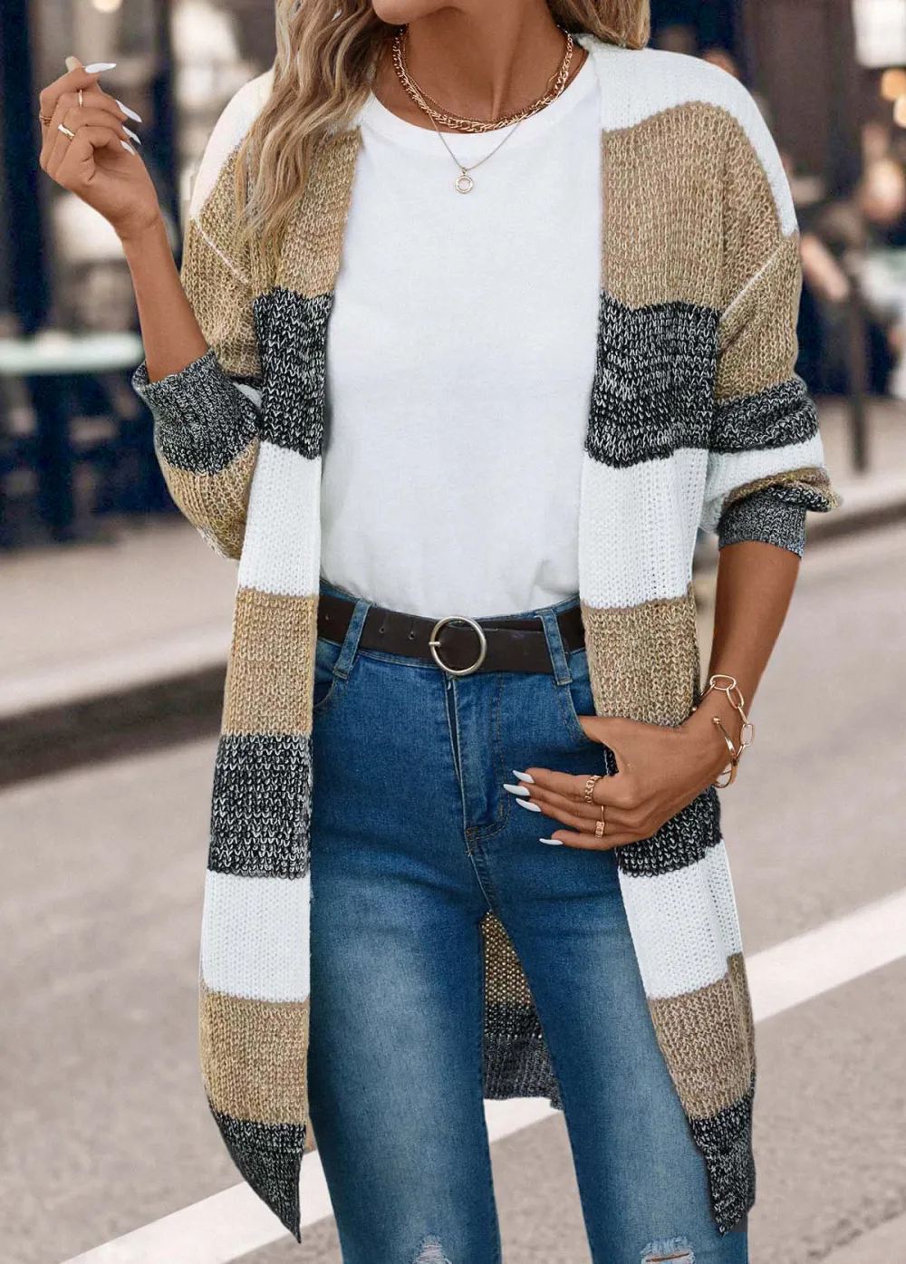 Dark Grey Weave Long Sleeve V Neck Coat