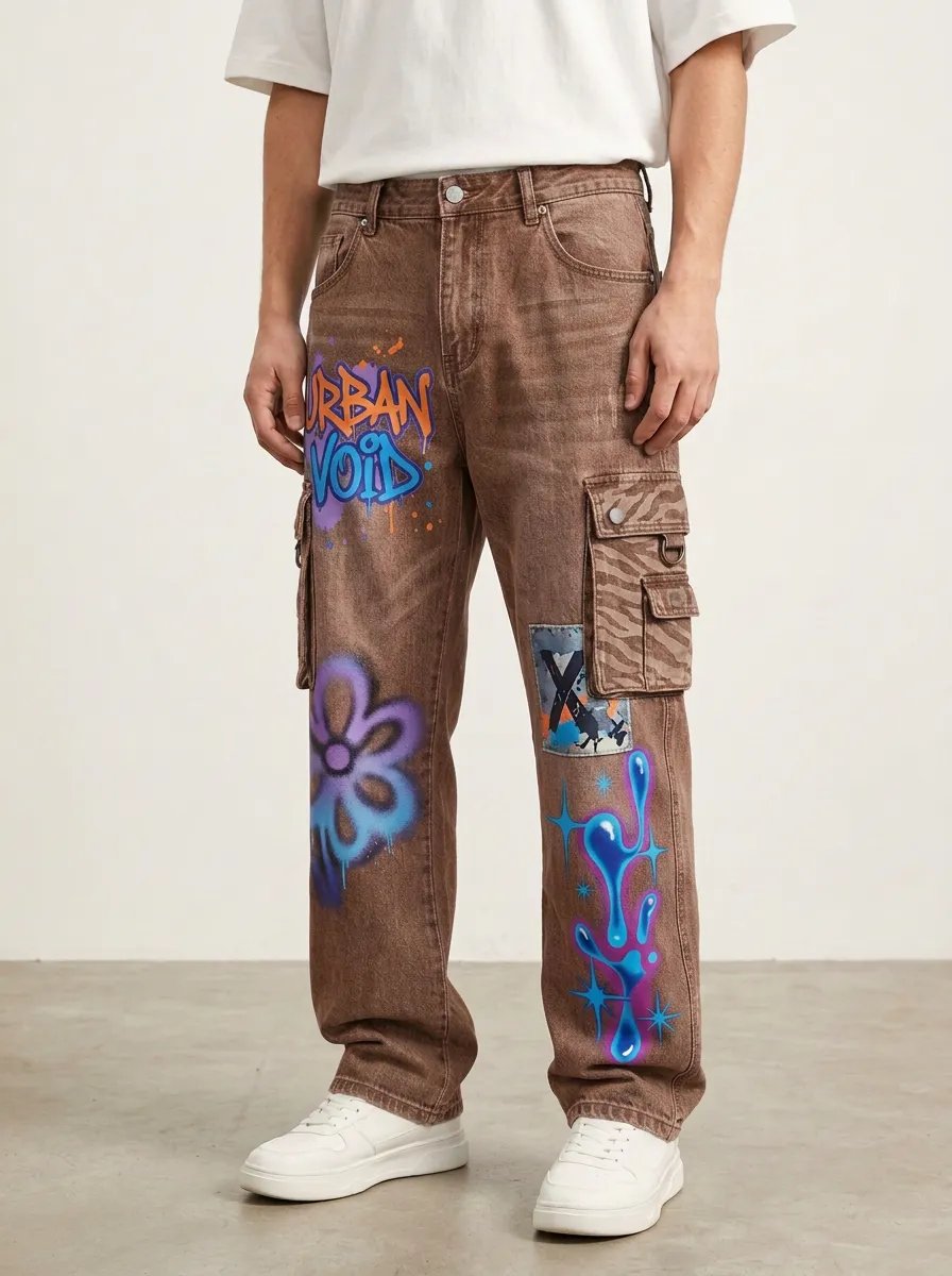 Men's Streetwear Graffiti Urban Void Flower Graphic Cargo Jeans