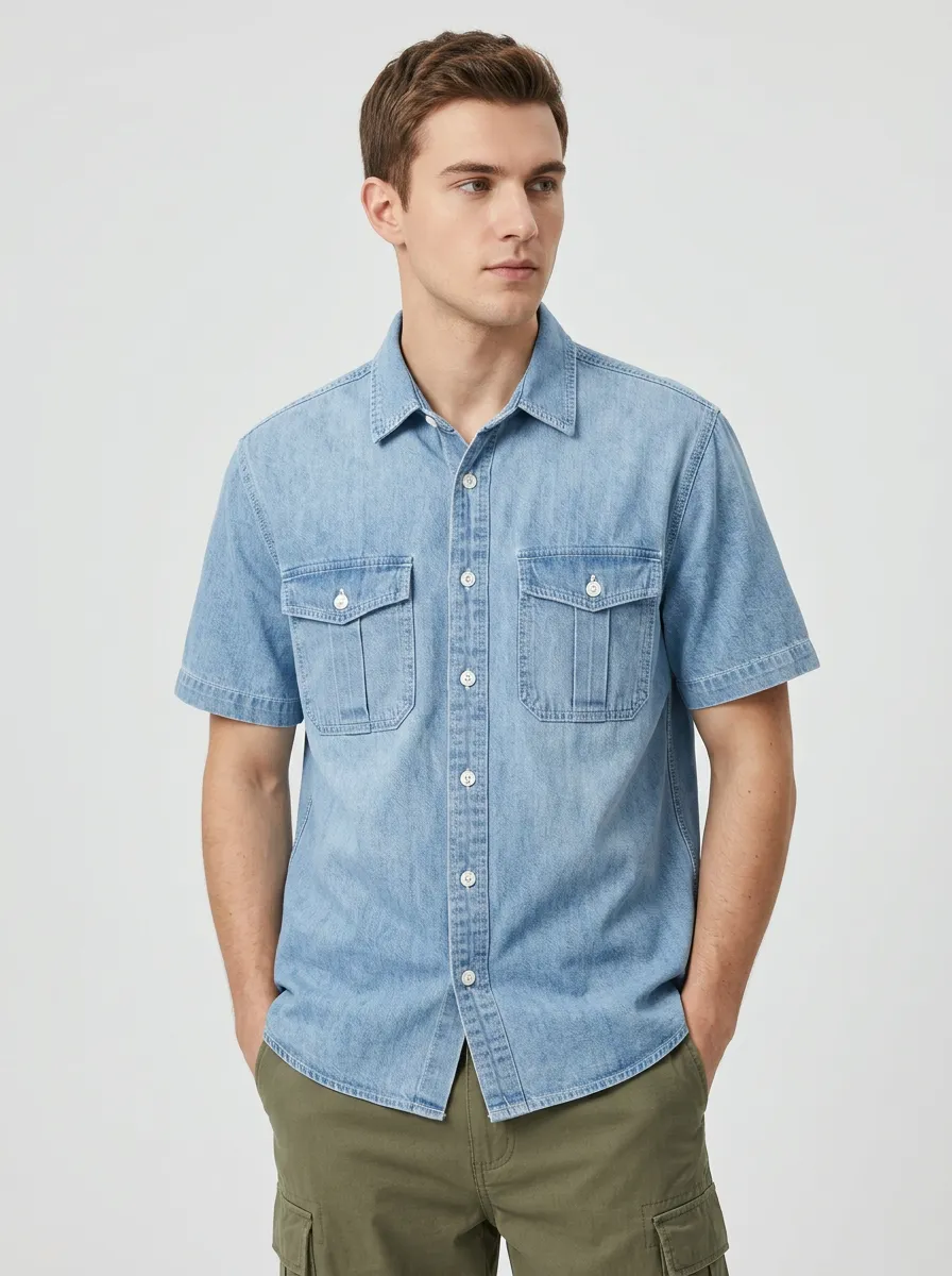 Men's Casual Summer Light Blue Denim Short Sleeve Button Down Shirt