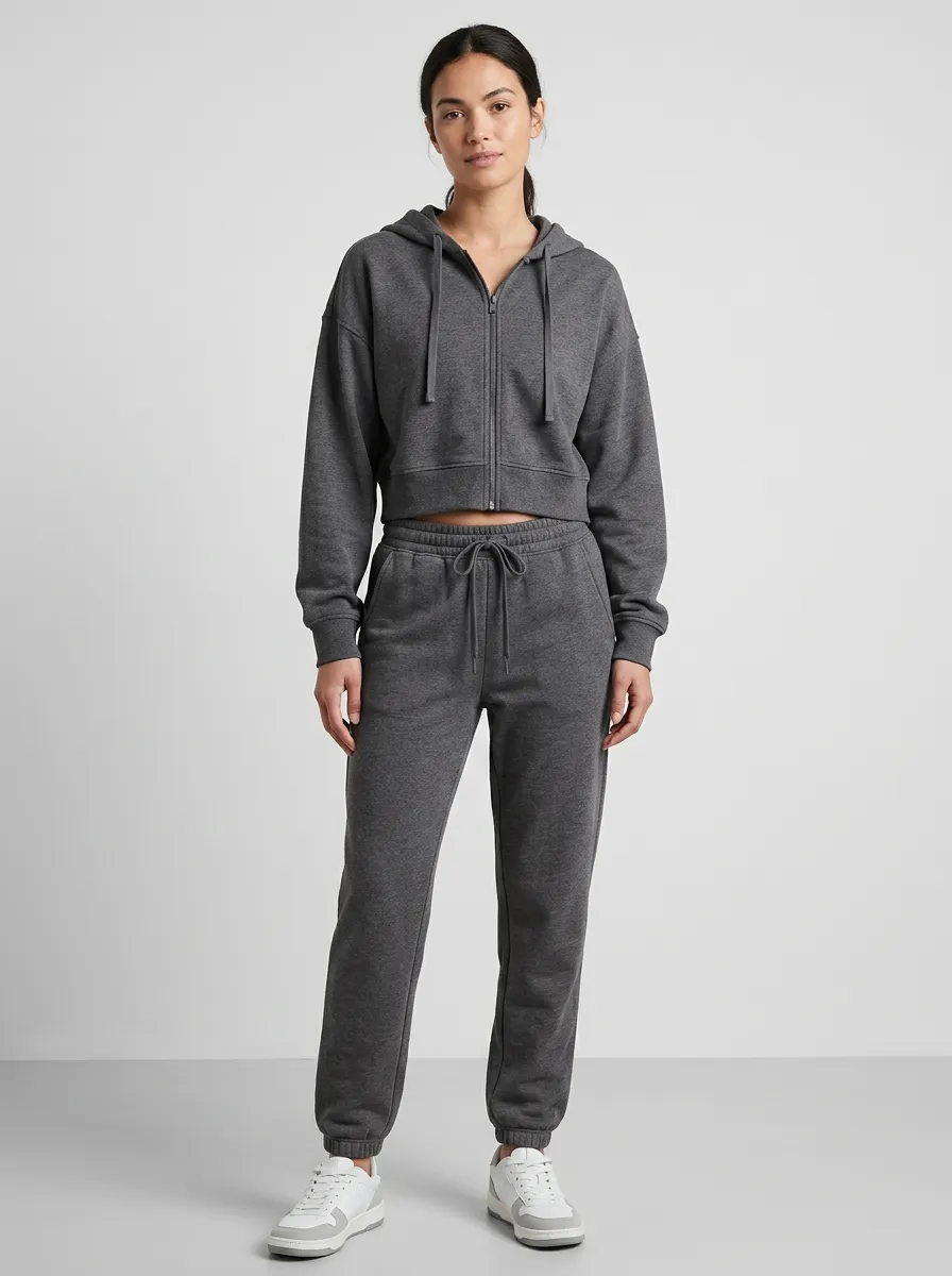 Active Workout-Look Women's Cropped Zip-Up Hoodie Jogger Active Set