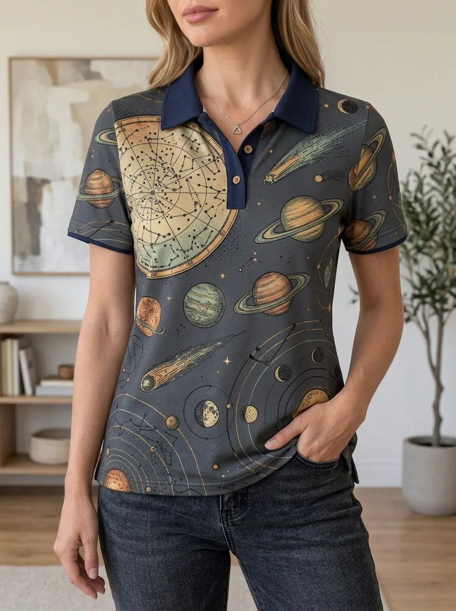 Women's Modern Astronomy Lover Solar System Planets Polo Shirt