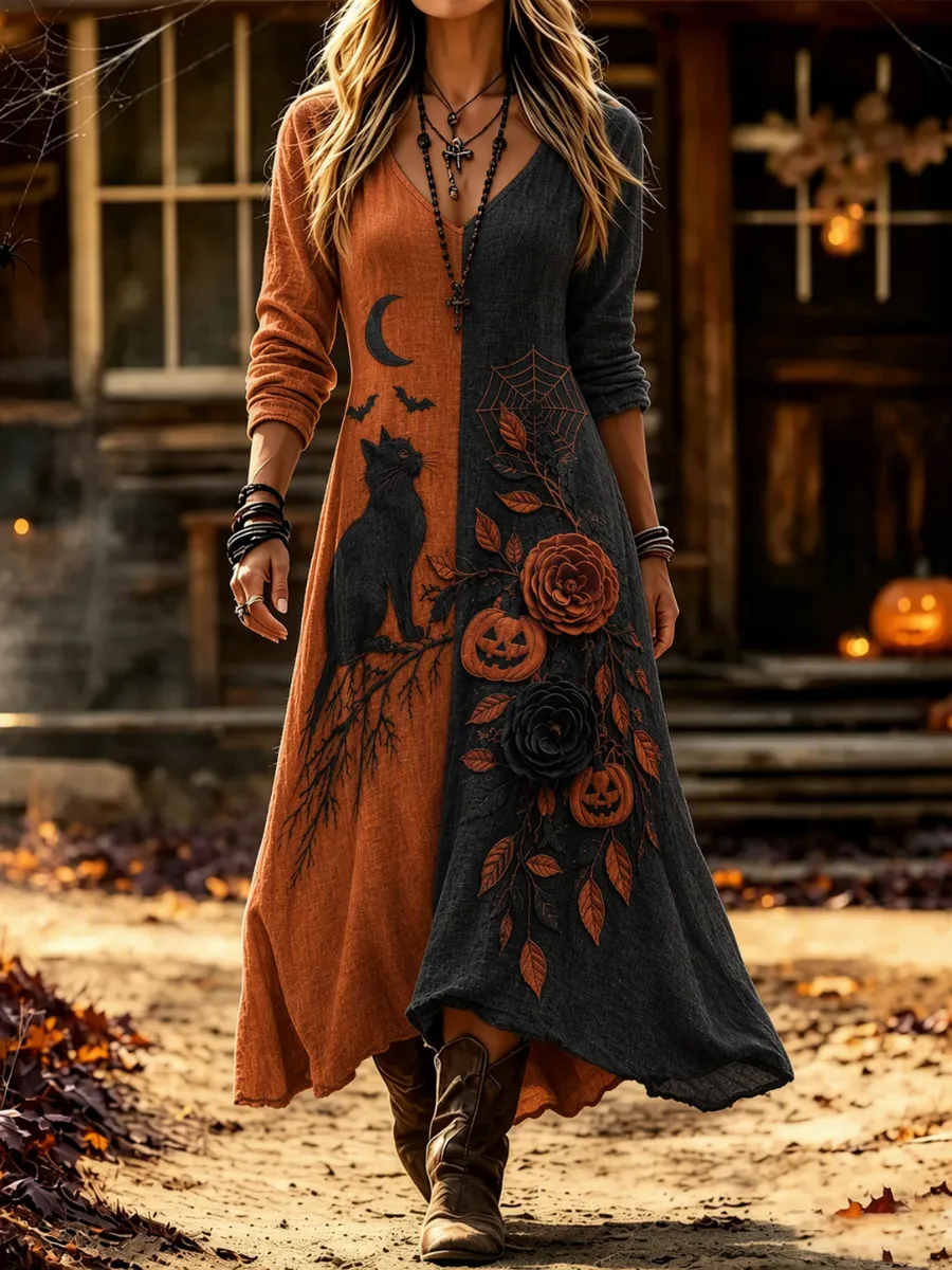 Women's Halloween Black Cat Print Pattern Dress