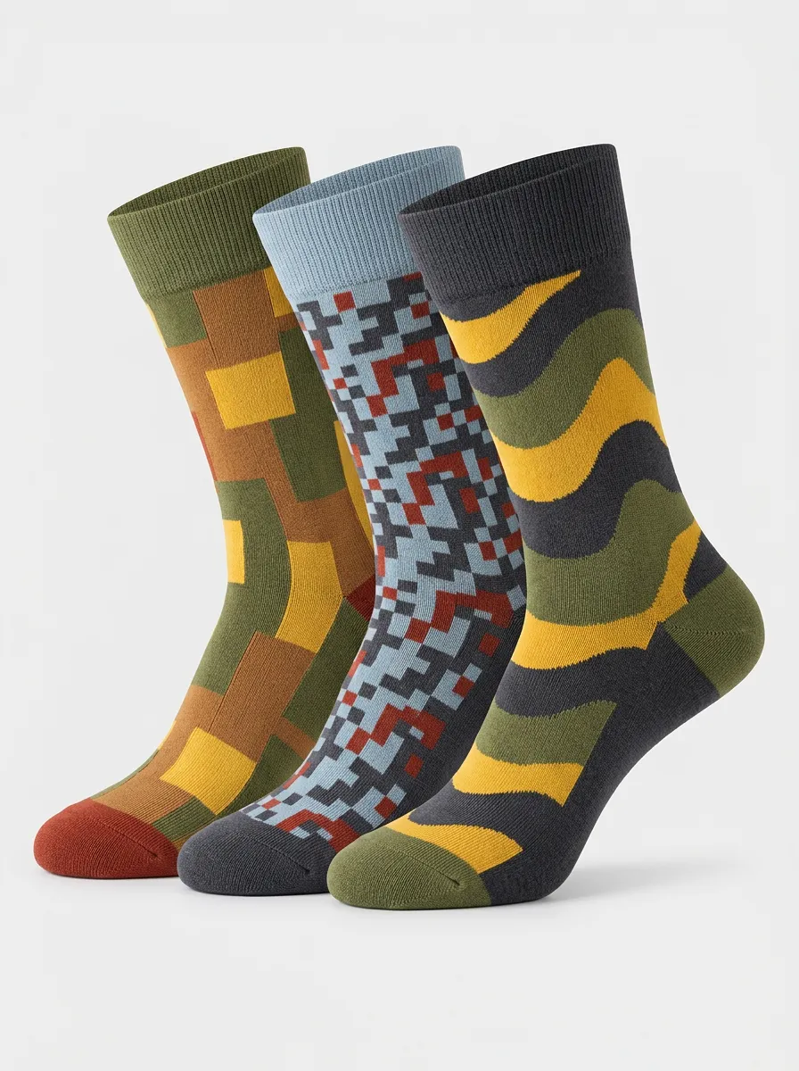 Men's Geometric Pixel Wave Pattern Printed Three-Pack Socks