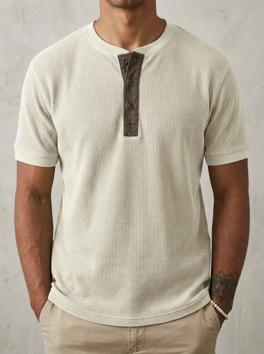 Modern Waffle-Knit Men's Short-Sleeve Henley Shirt