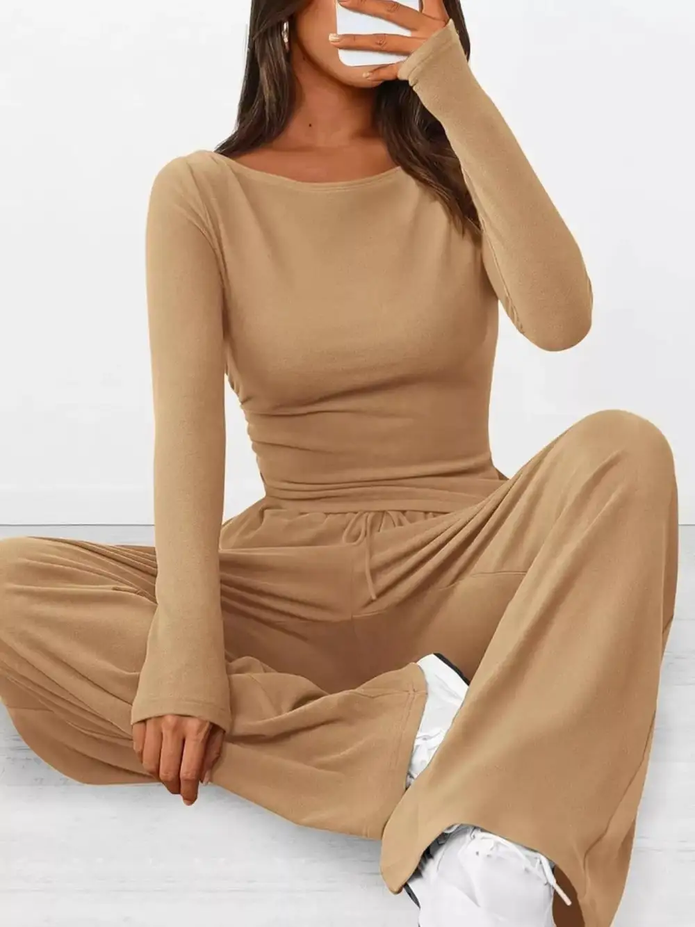 Relaxed Long Sleeve Top and Wide Leg Pants Set