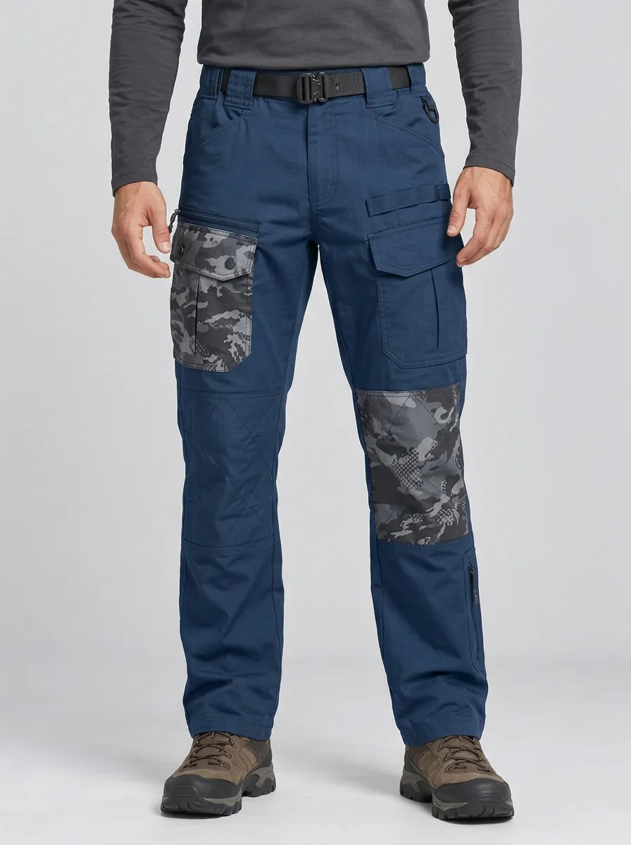 Men's Charcoal Grey Camo Multi-Pocket Reinforced Knee Tactical Cargo Pants