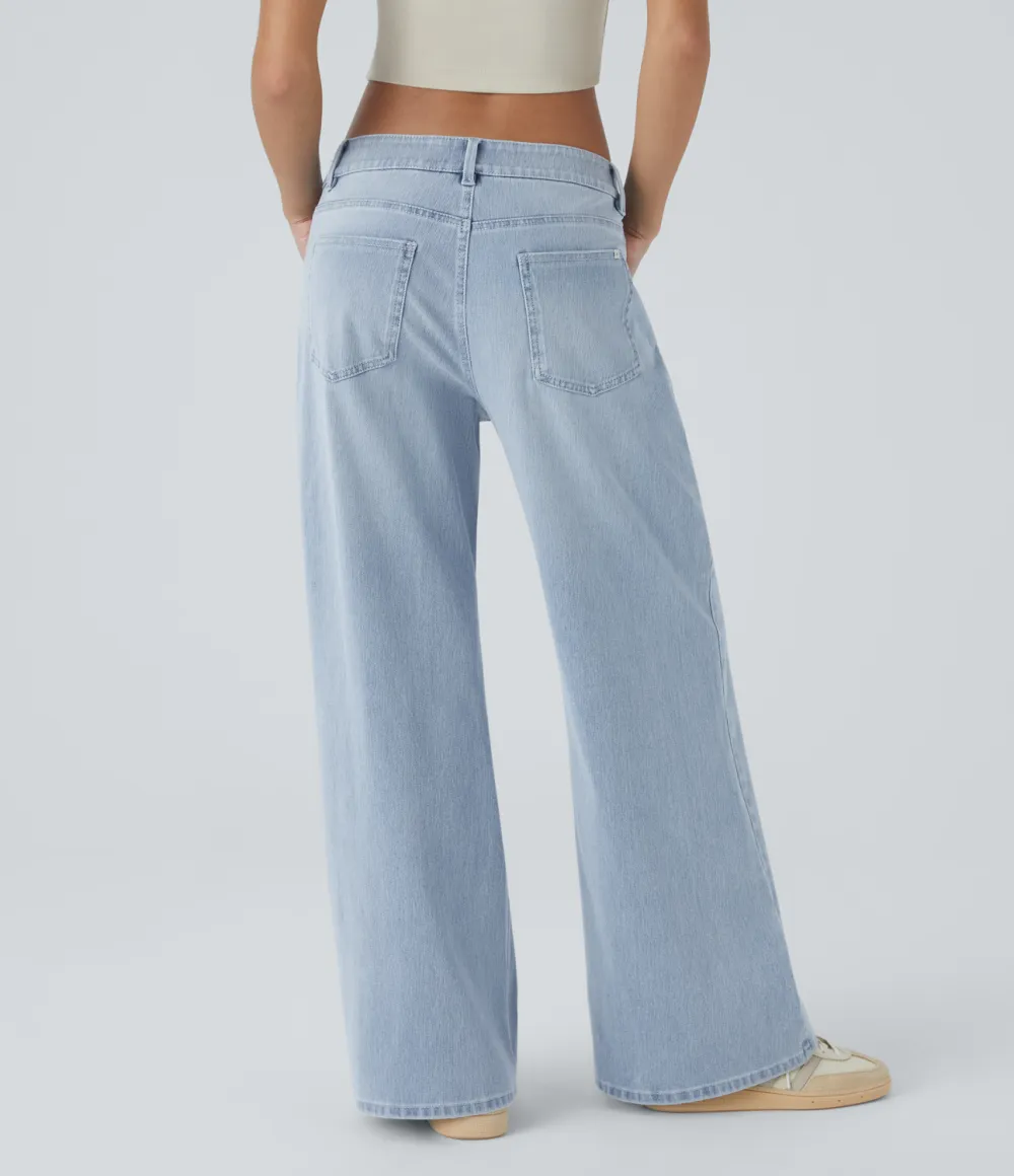 Magic Low Rise Button Zipper Multiple Pockets Washed Stretchy Knit Wide Leg Casual Jeans