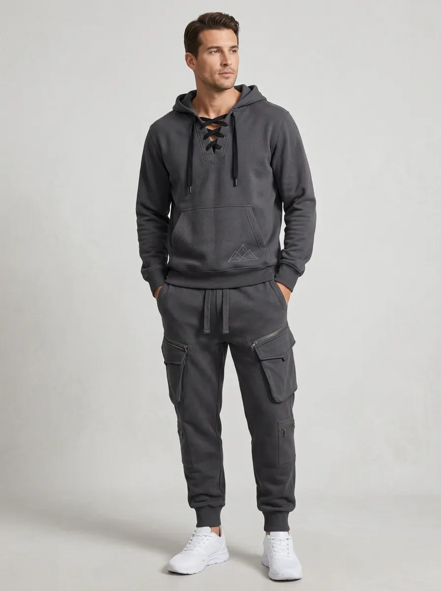 Core Lace-Up Multi Pocket Design Men's Lace Up Hoodie And Cargo Jogger Set