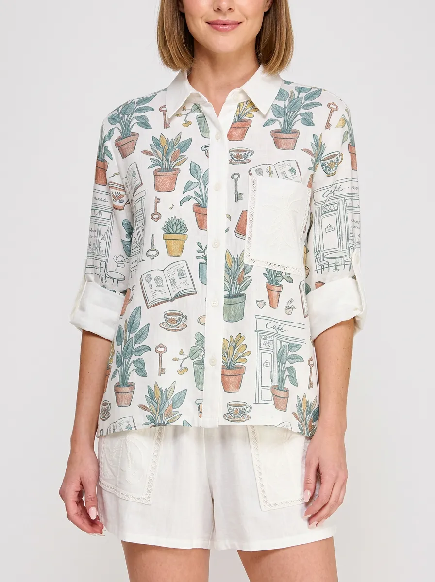 Women's Botanical Cafe Book Graphic Button-Up Shirt