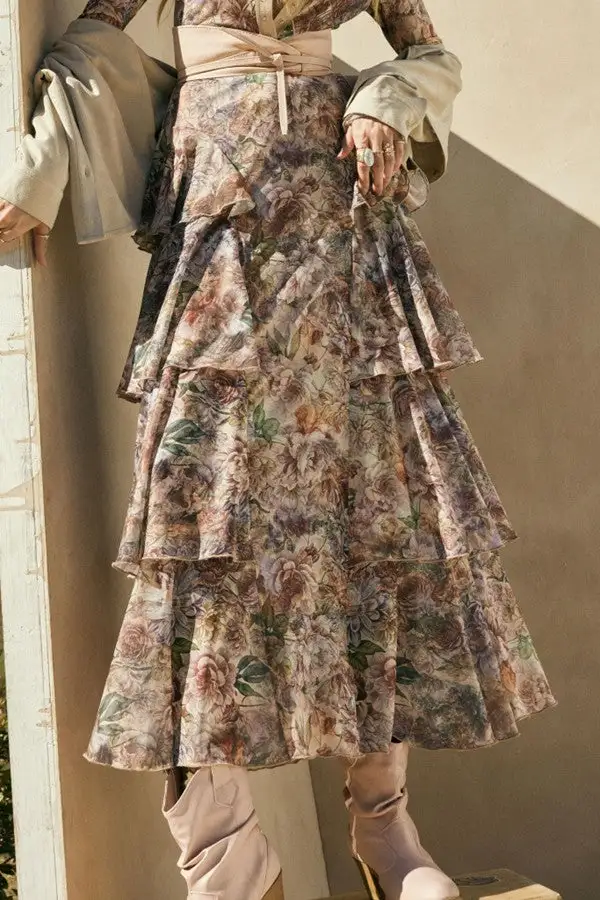 Women's Floral Print Tiered Ruffle Maxi Skirt