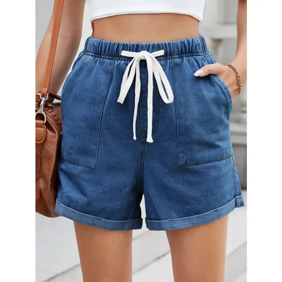 Casual Drawstring Pocketed Denim Shorts