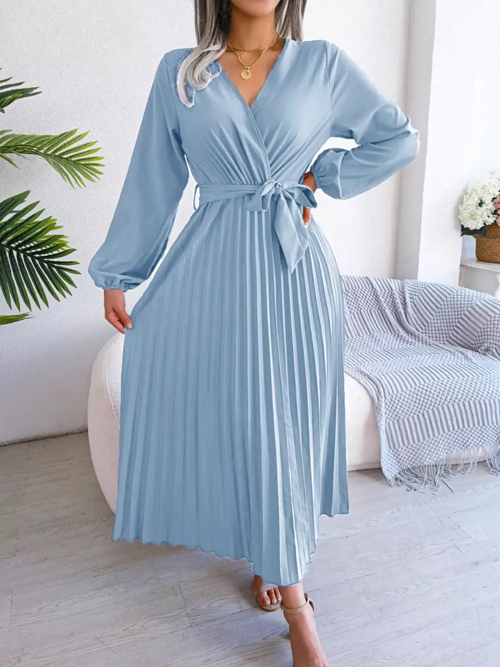 Pleated Long Sleeve Dress Casual