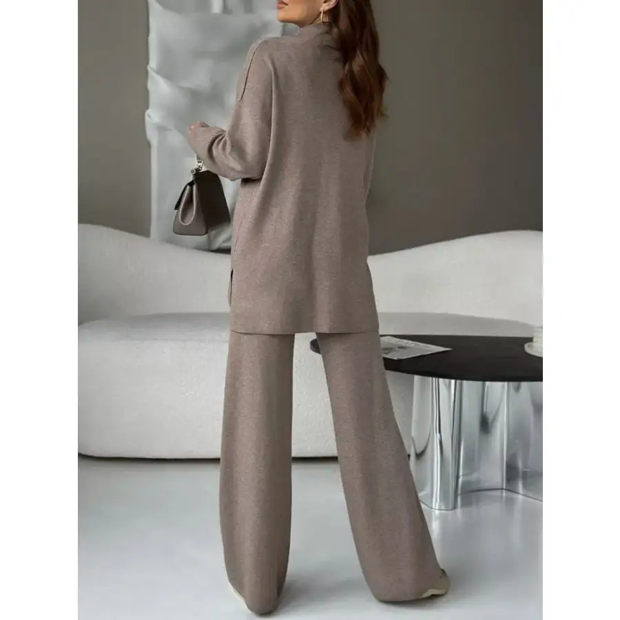 Slit Mock Neck Top and Pants Sweater Set