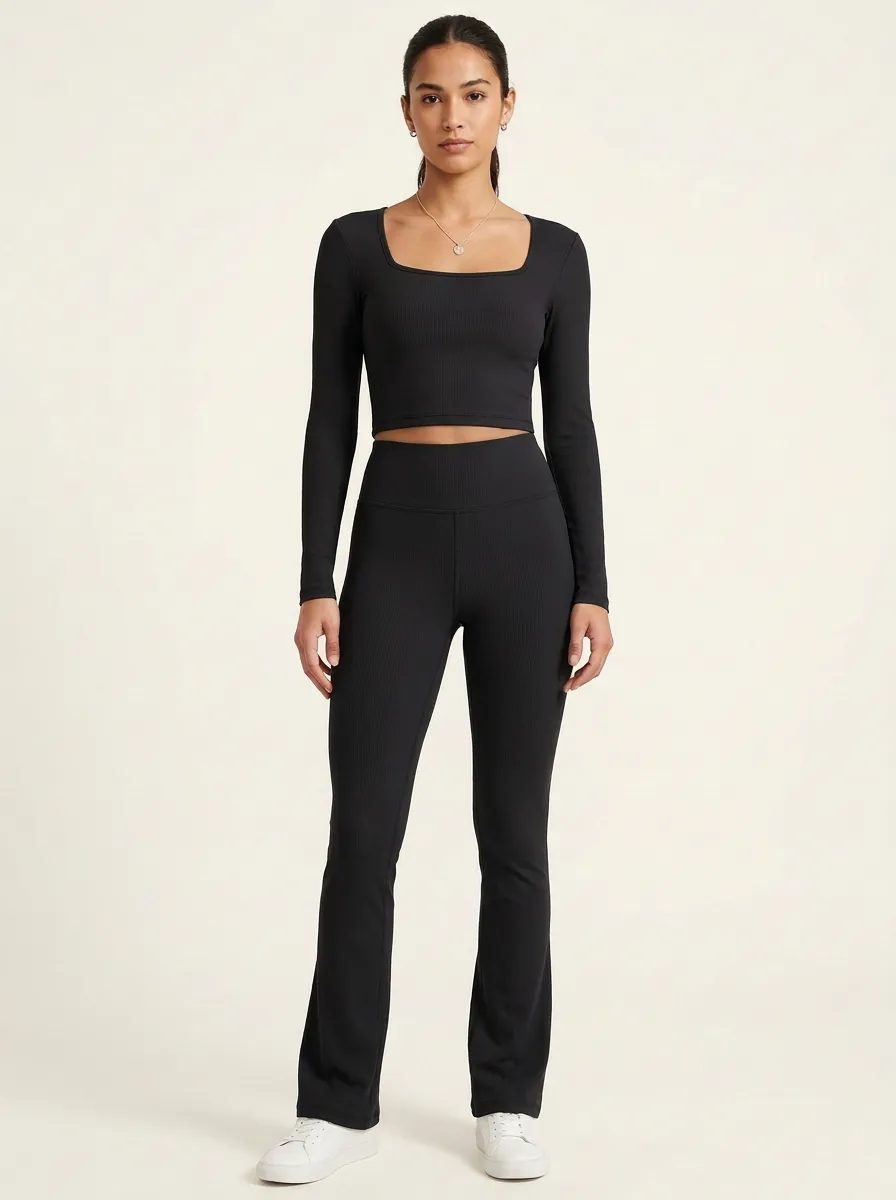 Women's Ribbed Square-Neck Crop Top and Flare Legging Set