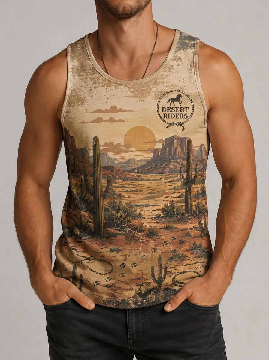 Men's Desert Riders Western Cactus Landscape Printed Tank Top