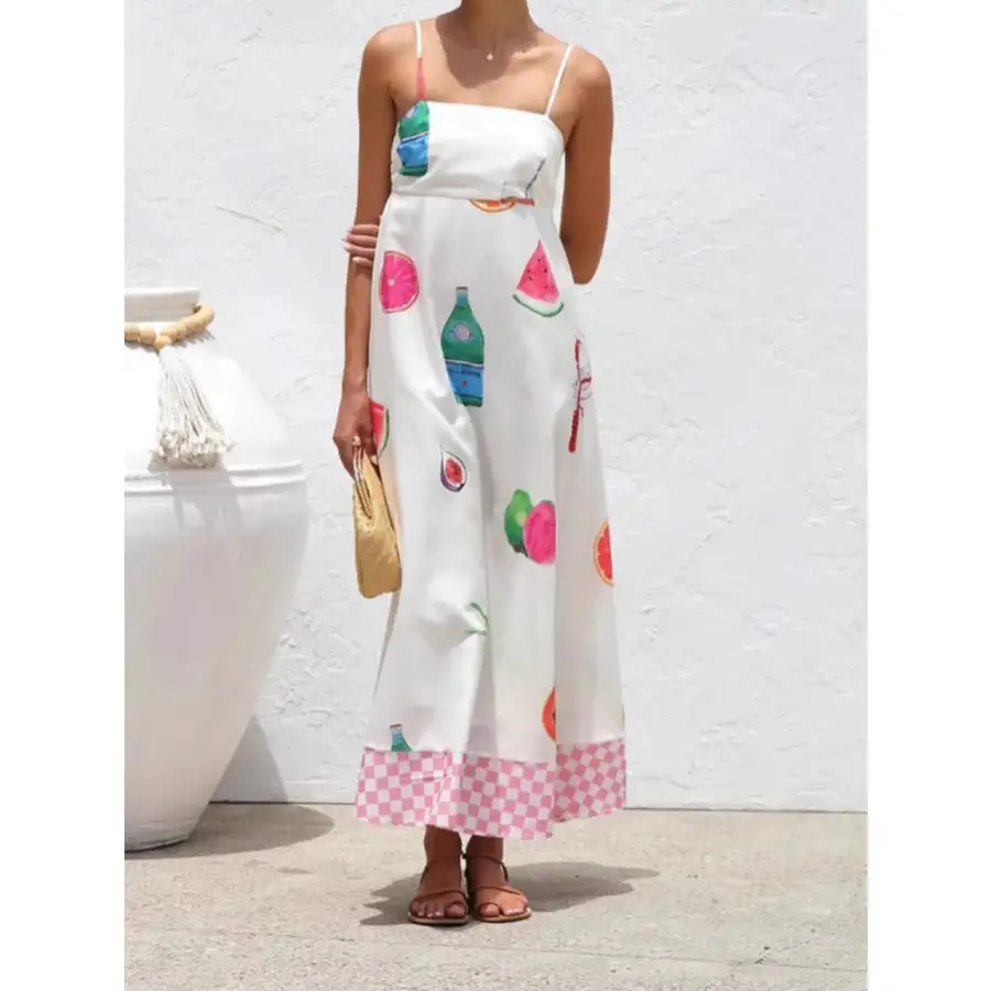 Printed Checkered Hem Cami Midi Dress