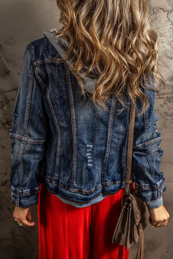 Women's Layered Hooded Zip Up Denim Jacket