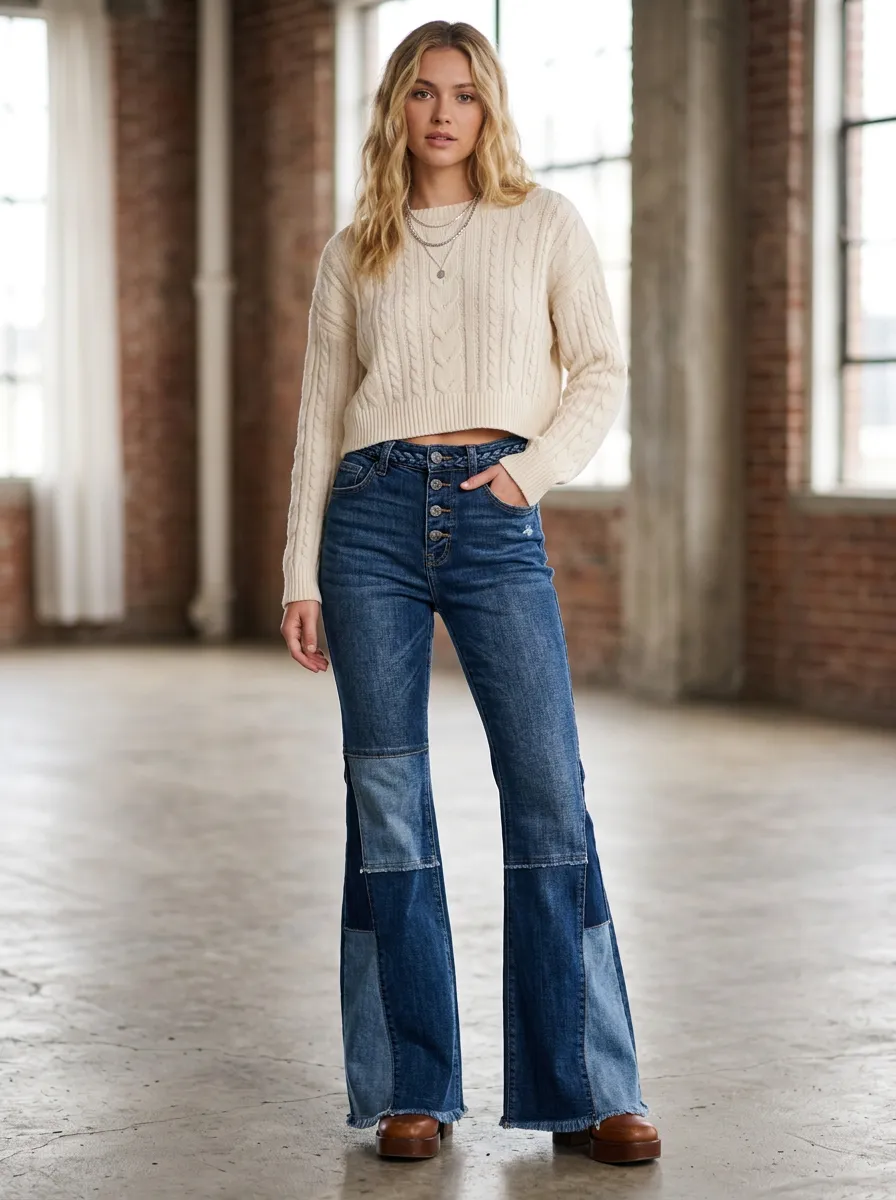 Women's Vintage Style Patchwork High Waisted Button Fly Flare Jeans