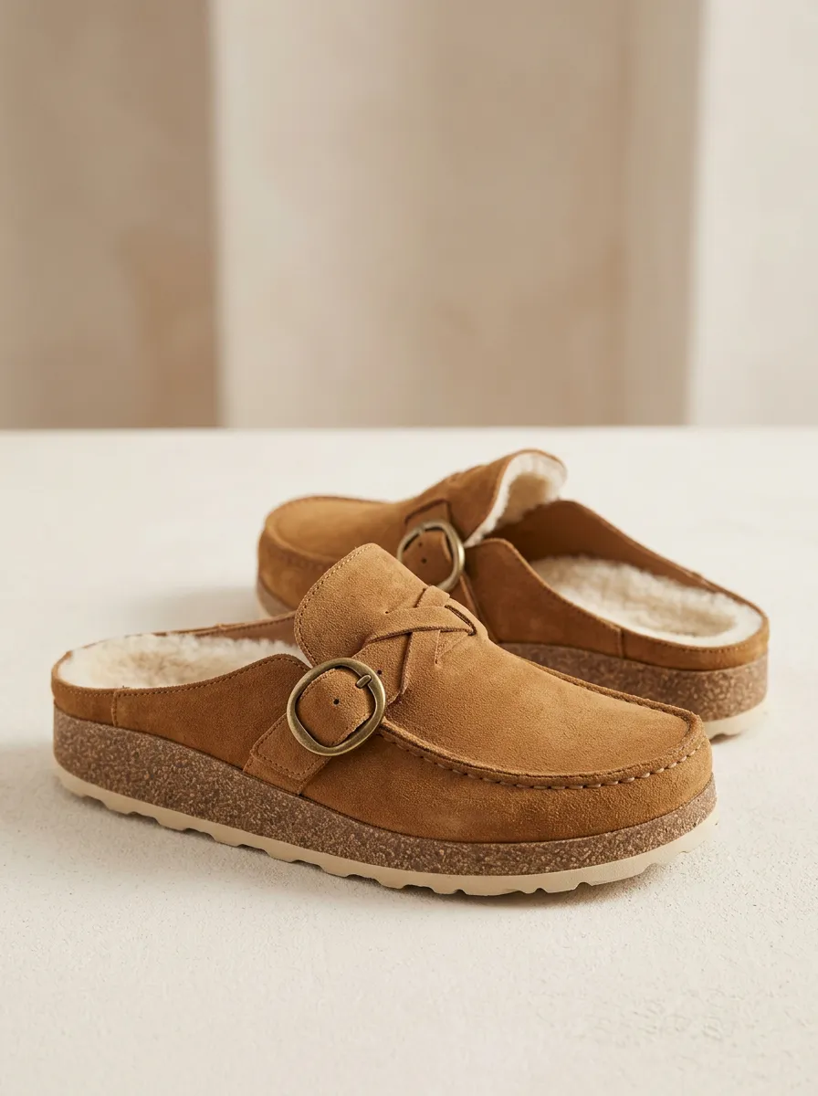 Women's Rugged Faux Fur Lined Buckle Detail Clog Style Casual Suede Wood Sole Loafers